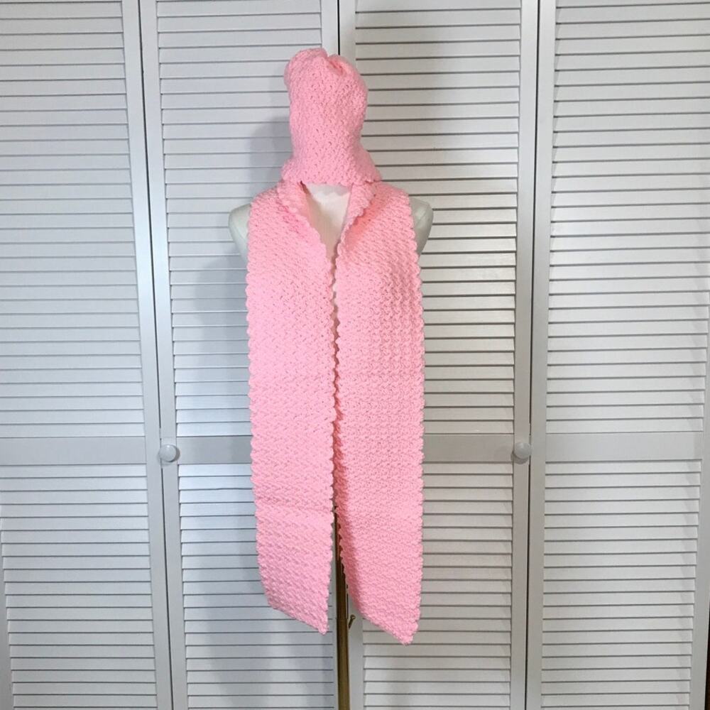 NWT Handmade Crochet Textured Winter Light Pink Scarf 71” & Beanie